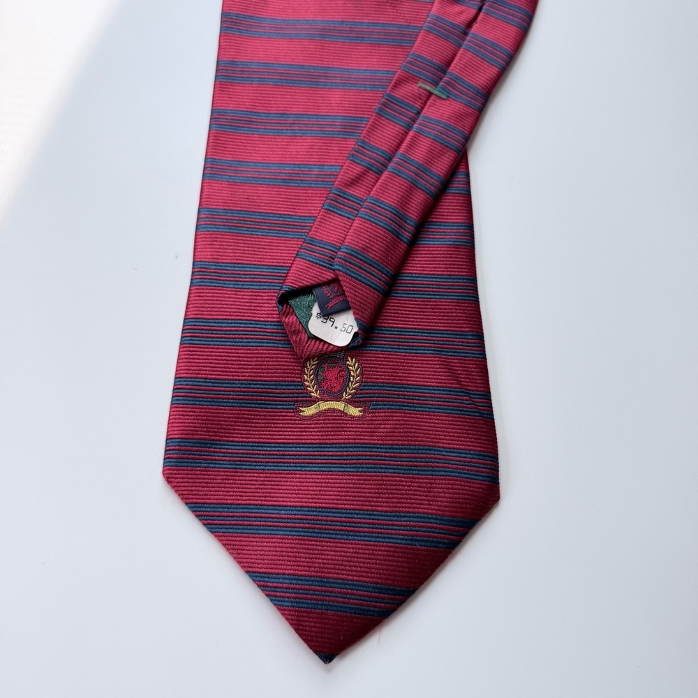 Tommy Hilfiger Burgundy and Navy Striped Crest Tie